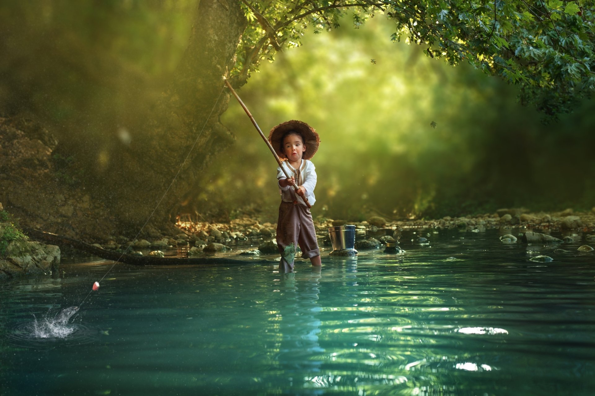 A little girl wearing a hat fishes in a serene, sunlit forest stream, captured in a high-definition photography background.