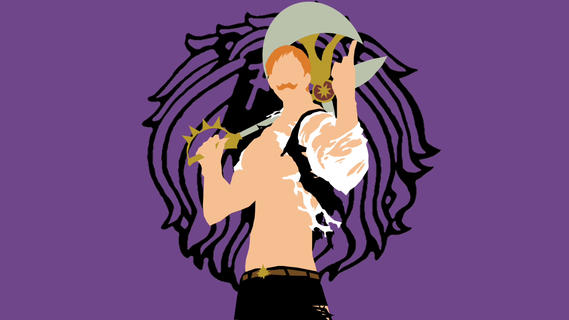 HD desktop wallpaper featuring Escanor from The Seven Deadly Sins anime in front of a stylized lion emblem on a purple background.