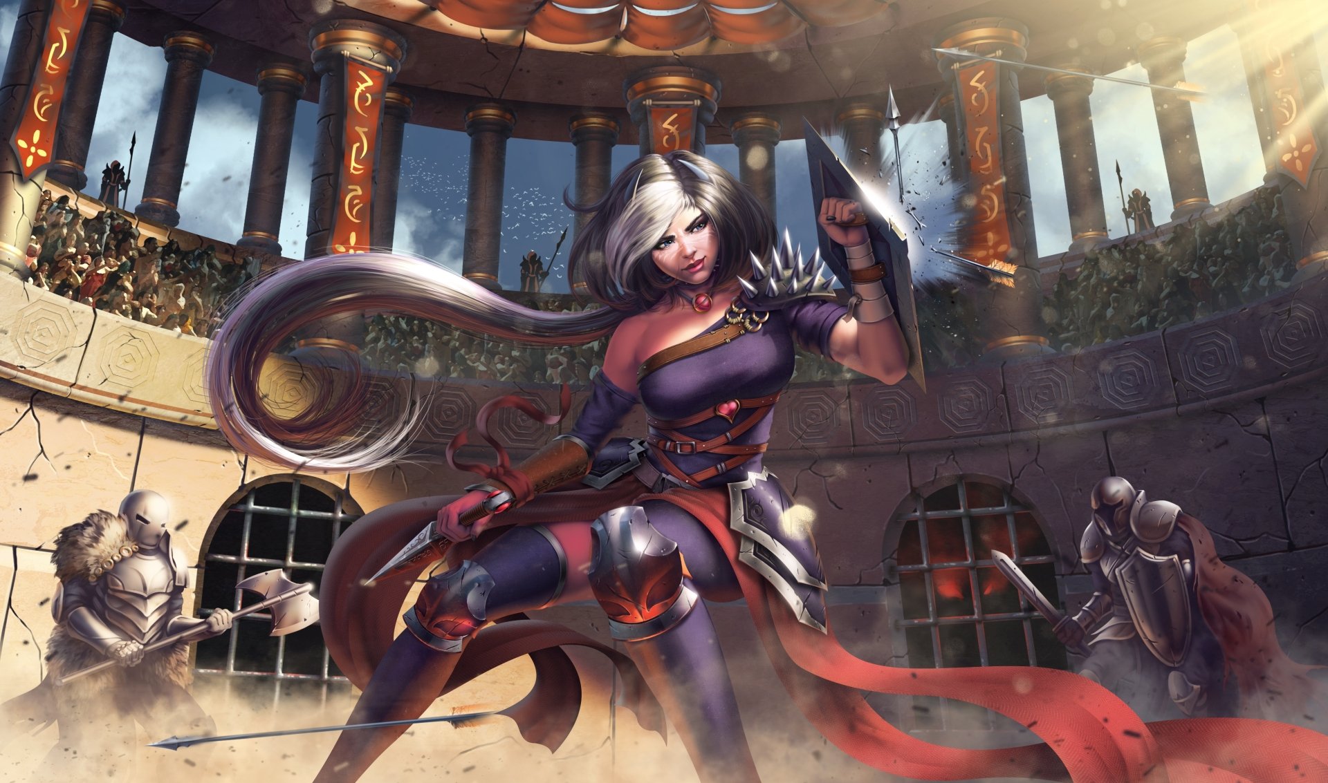A fantasy woman warrior with long grey hair and blue eyes wields a dagger and shield inside a sunlit coliseum packed with spectators.