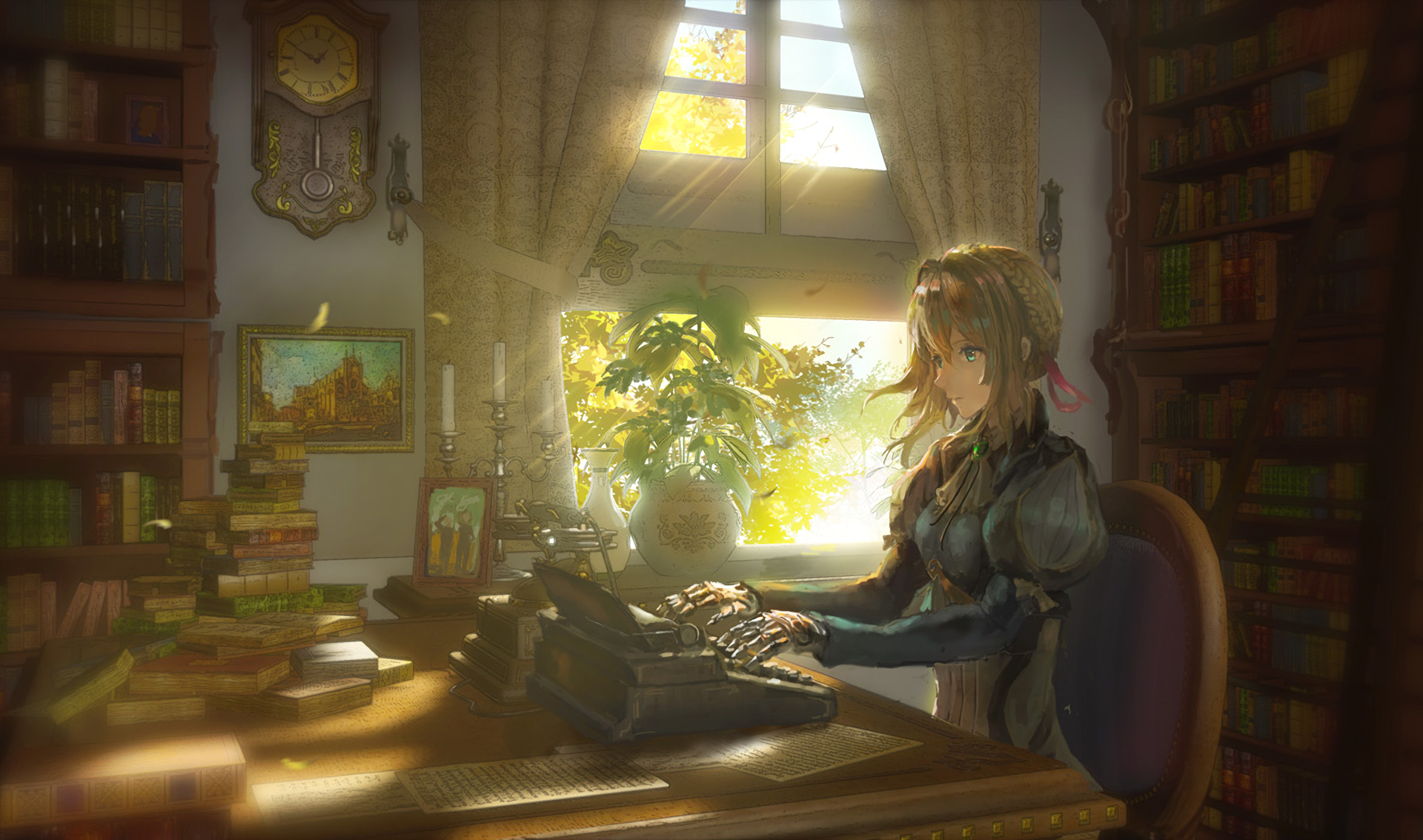 An HD desktop wallpaper featuring Violet Evergarden, the anime character, seated at a typewriter in a warmly lit room filled with books and plants.