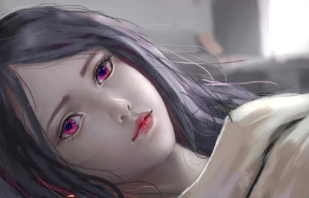 Anime original HD PC desktop wallpaper and background: close-up of a reclining girl with long dark hair, vivid purple-pink eyes, soft lighting and a pale blanket, calm intimate portrait.