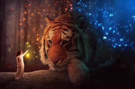 Fantasy digital manipulation: a robed figure holds a glowing orb before a giant tiger surrounded by blue sparks — 5K Ultra HD PC desktop wallpaper and background.