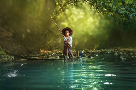 A little girl wearing a hat fishes in a serene, sunlit forest stream, captured in a high-definition photography background.