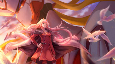 HD desktop wallpaper featuring Zero Two from Darling in the FranXX standing confidently alongside Strelizia, with birds flying and a captivating backdrop.
