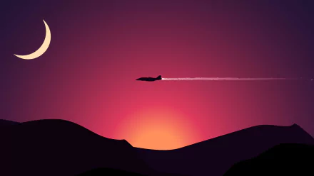4K Ultra HD desktop wallpaper of a military jet fighter soaring across a vibrant sunset sky with a crescent moon and silhouetted mountain landscape.