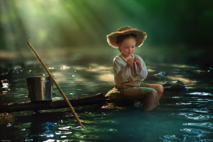 A little girl wearing a hat sits by the water, illuminated by a sunbeam, captured in a serene HD desktop wallpaper photograph.