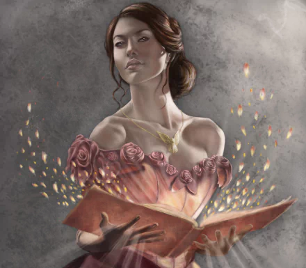 2K Quad HD PC desktop wallpaper/background: a fantasy scene of a woman in a rose-adorned dress and pendant holding a glowing magic book, sparks of light drifting around her.
