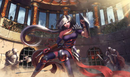 A fantasy woman warrior with long grey hair and blue eyes wields a dagger and shield inside a sunlit coliseum packed with spectators.