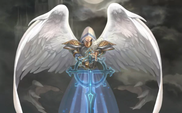 HD desktop wallpaper featuring an angel warrior with glowing sword against a stormy sky, inspired by Heroes of Might and Magic V fantasy video game.