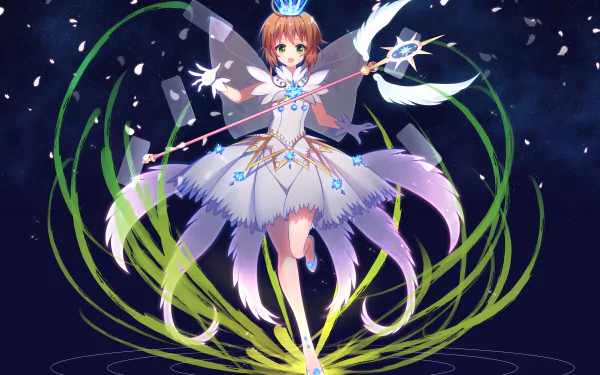 Sakura Kinomoto from Cardcaptor Sakura in a magical, glowing white dress with swirling green energy, set against a dark background in 4K Ultra HD anime artwork.
