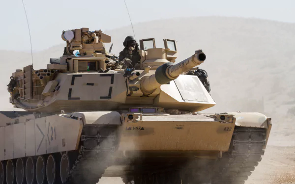 A detailed 4K Ultra HD image of an M1 Abrams military tank advancing in a desert landscape, showcasing its heavy armor and mounted weaponry.