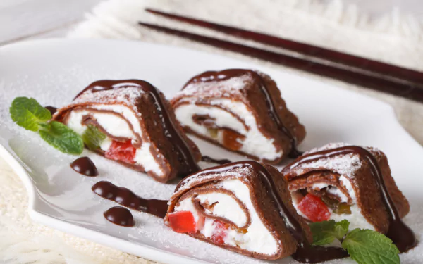 Chocolate strawberry-cream pastry rolls on a white plate with mint and chocolate drizzle — food dessert pastry; 5K Ultra HD PC desktop wallpaper and background.