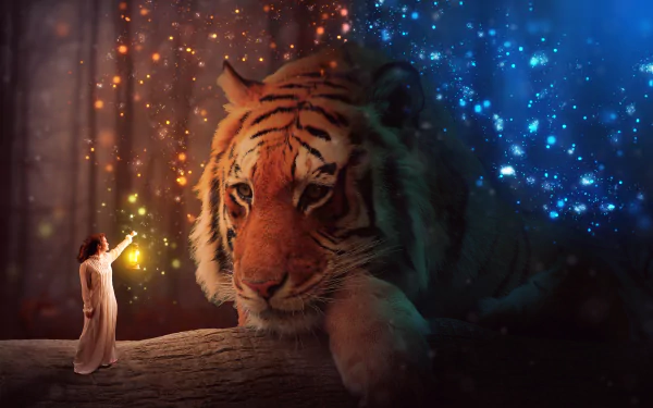 Fantasy digital manipulation: a robed figure holds a glowing orb before a giant tiger surrounded by blue sparks — 5K Ultra HD PC desktop wallpaper and background.
