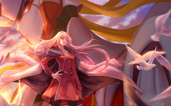 HD desktop wallpaper featuring Zero Two from Darling in the FranXX standing confidently alongside Strelizia, with birds flying and a captivating backdrop.