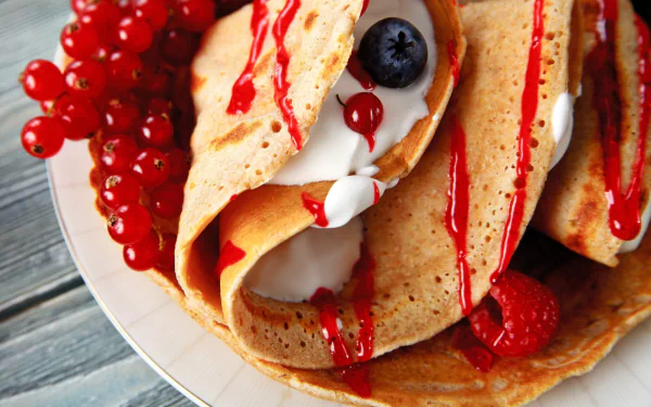 2K Quad HD PC desktop wallpaper: close-up of crêpes filled with cream and berries, drizzled with red sauce on a plate — food crêpe background.