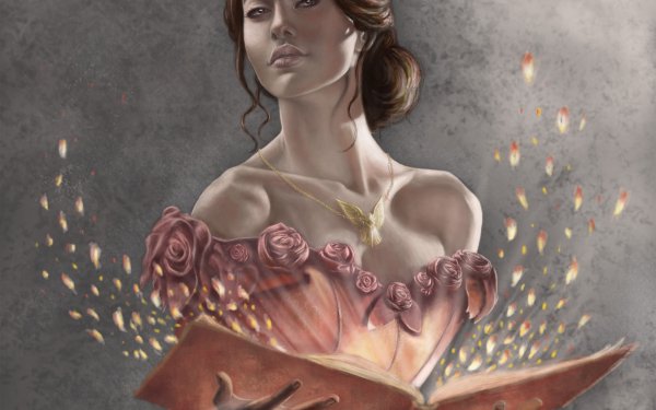 Fantasy Women Magic Book Light Pendant Dress Rose HD Wallpaper | Background Image
