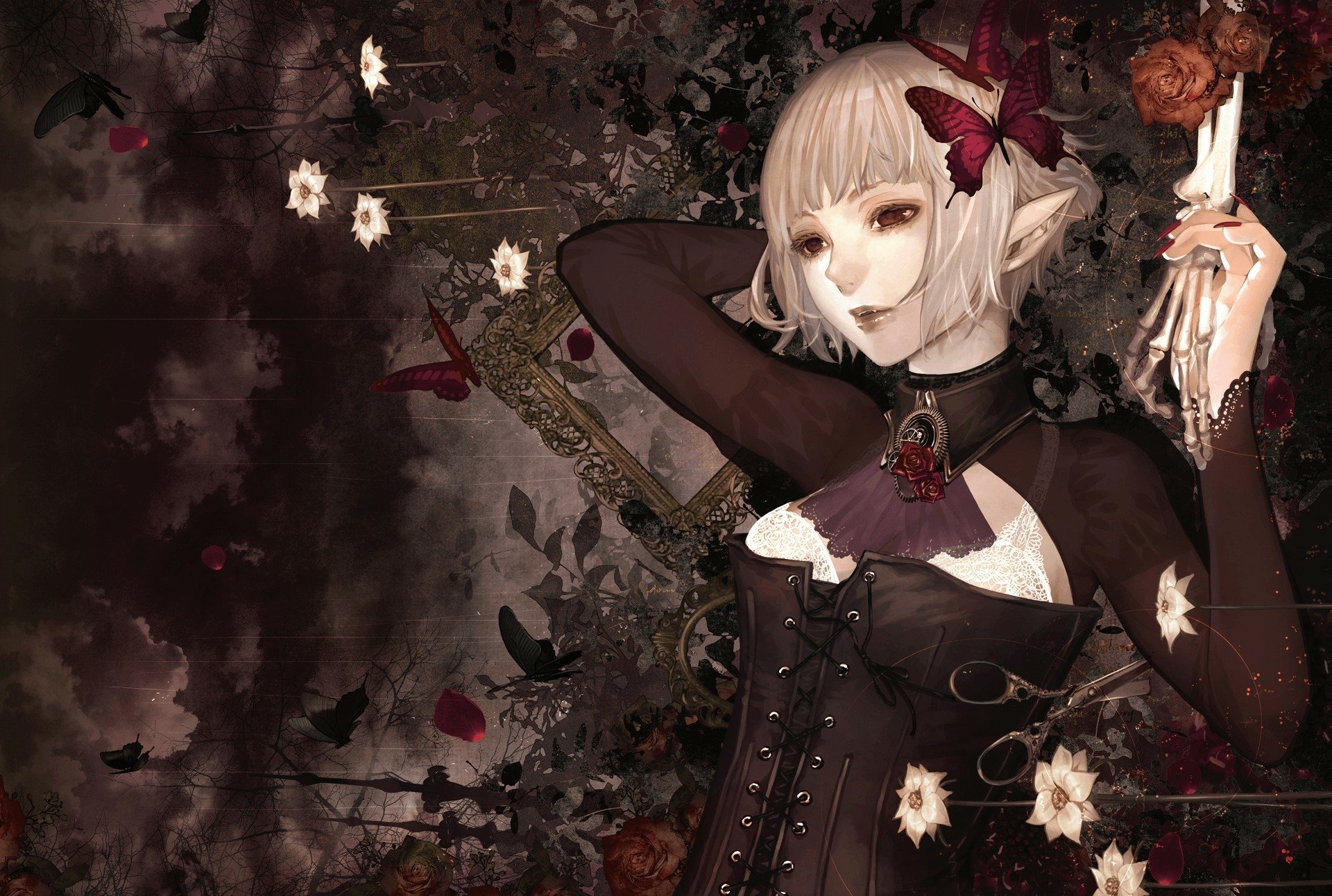 A gothic fantasy woman with pale skin and platinum hair, wearing a black corset, surrounded by dark flowers and butterflies in an HD PC desktop wallpaper.