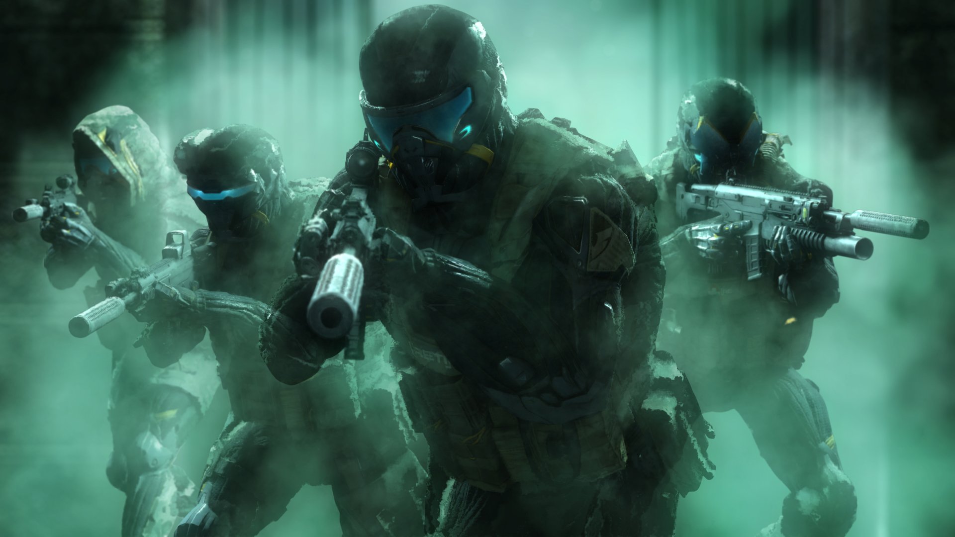 Futuristic sci-fi soldiers armed with advanced weapons emerge through mist in a high-tech battlefield, captured in a 4K Ultra HD desktop wallpaper.