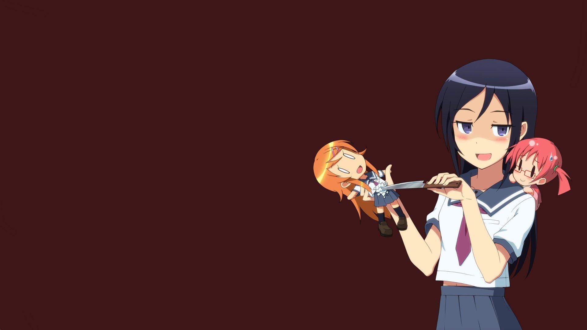 Oreimo anime 2K Quad HD PC desktop wallpaper: a smiling schoolgirl in uniform holds two chibi dolls at the right against a deep maroon background, minimalist composition.