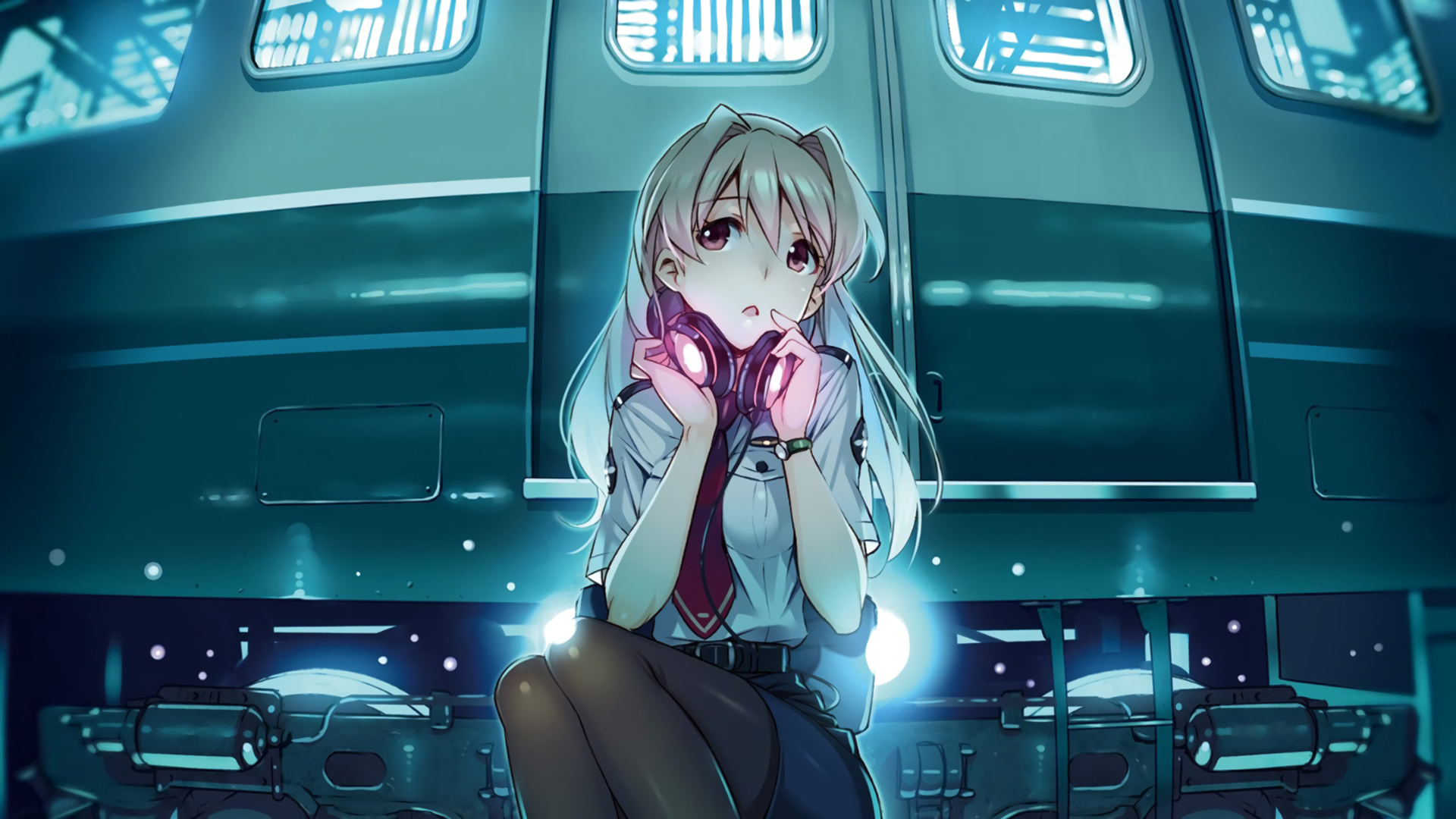 HD desktop wallpaper featuring an anime girl with headphones, against a background of a train with glowing lights.