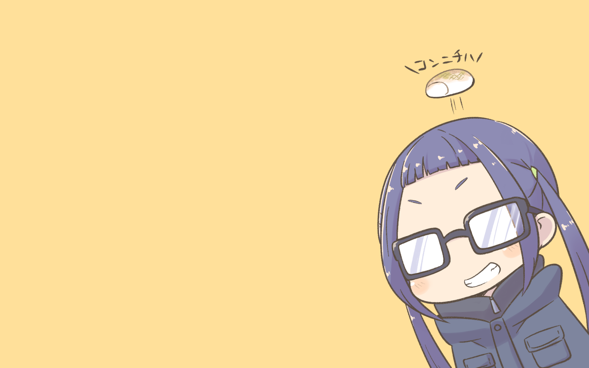 HD desktop wallpaper featuring Chiaki Oogaki from the anime Laid-Back Camp, with a playful expression, large glasses, and a small doodle above her head on a simple yellow background.