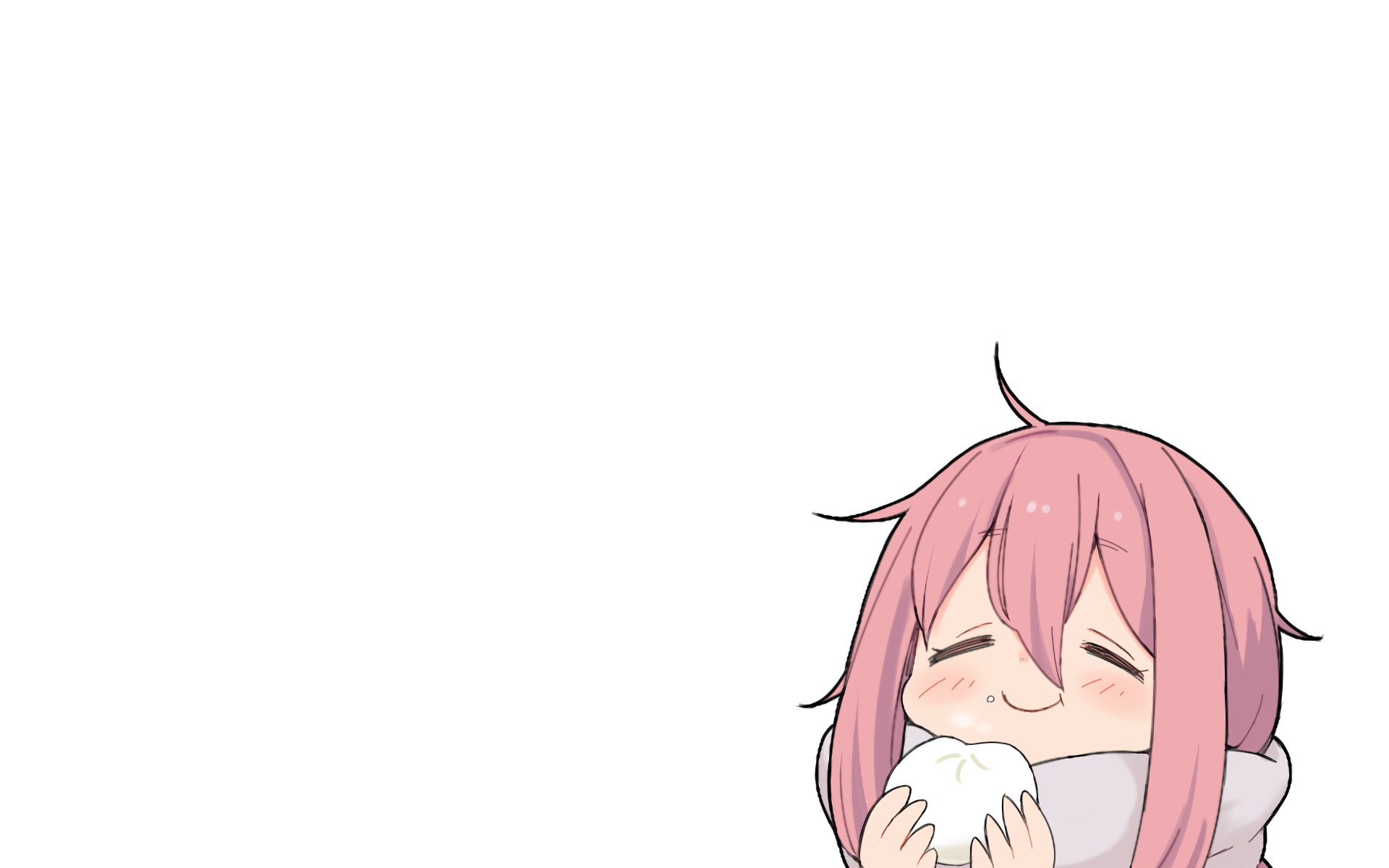 Anime character Nadeshiko Kagamihara from Laid-Back Camp with pink hair, smiling while holding a rice ball. HD desktop wallpaper and background.