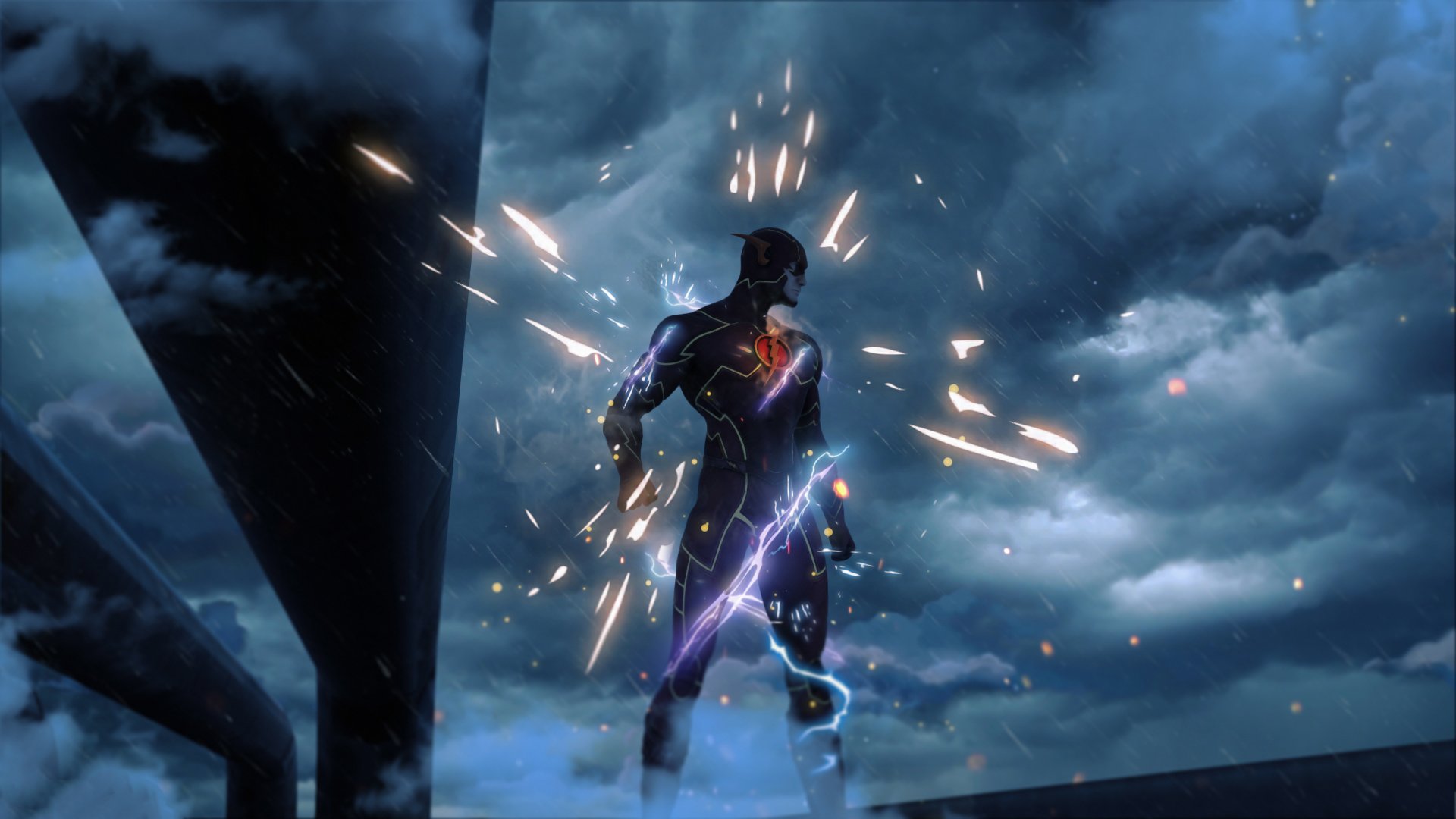 HD PC desktop wallpaper featuring The Flash from DC Comics, depicted in a dark suit with lightning effects against a stormy, dramatic sky background.