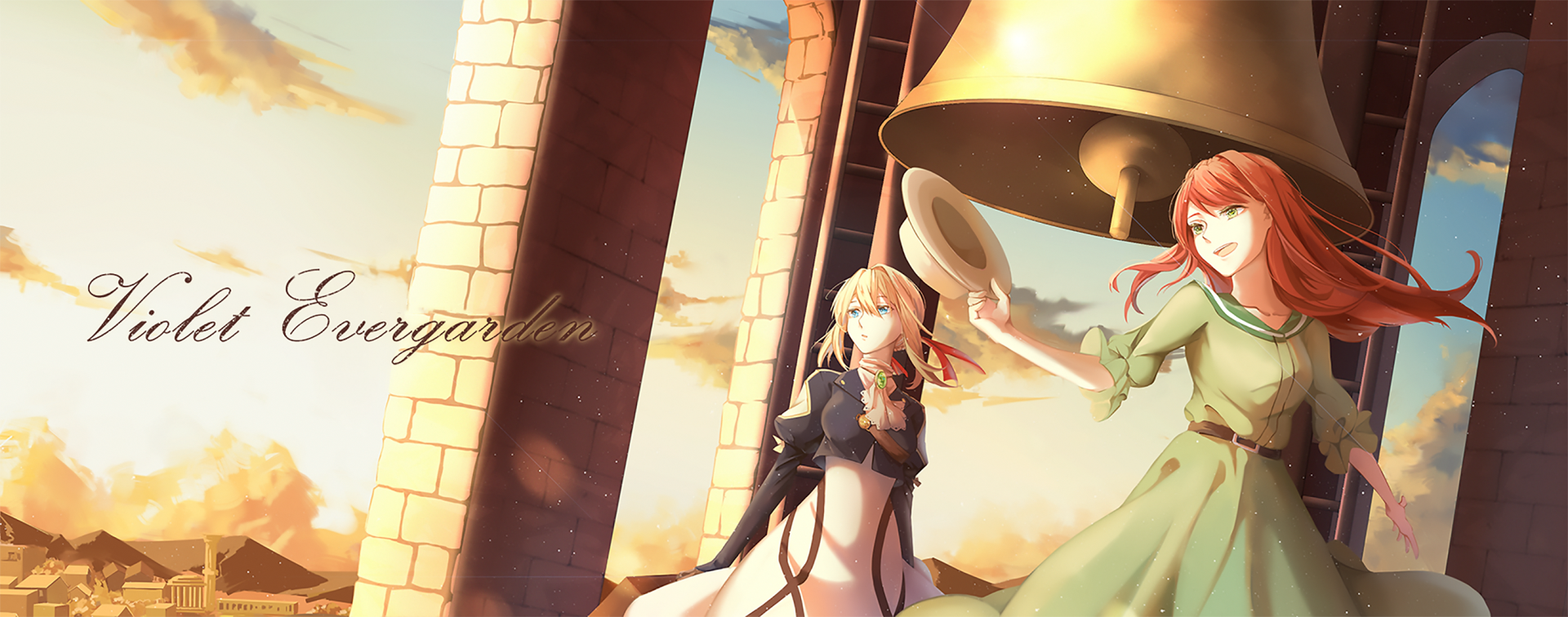 HD PC desktop wallpaper featuring Violet Evergarden and Luculia Marlborough from the anime Violet Evergarden, set against a warm sky with a large bell tower background.