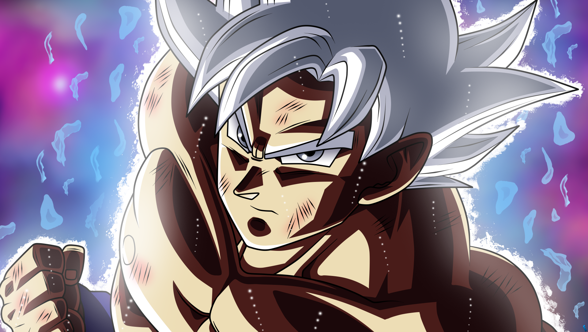 HD desktop wallpaper featuring Ultra Instinct Goku from Dragon Ball Super anime, showcasing his intense expression with a vibrant, colorful background.