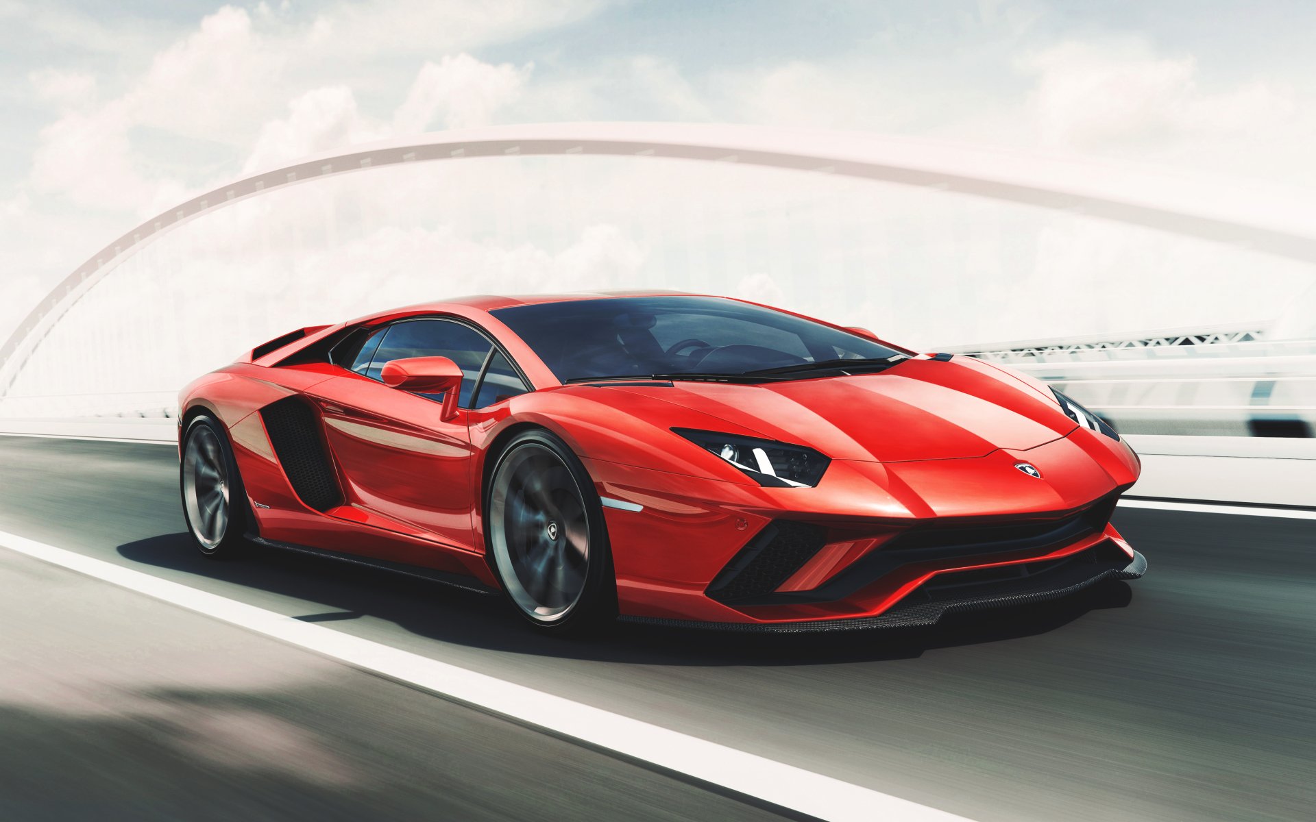 Red Lamborghini Aventador S supercar vehicle racing across a bridge, high-detail 4K Ultra HD PC desktop wallpaper background