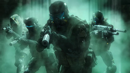 Futuristic sci-fi soldiers armed with advanced weapons emerge through mist in a high-tech battlefield, captured in a 4K Ultra HD desktop wallpaper.