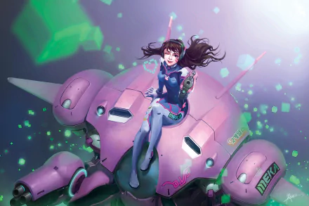 HD PC desktop wallpaper of D.Va from Overwatch perched on her pink MEKA robot, neon green particles and soft light highlighting the video game scene.