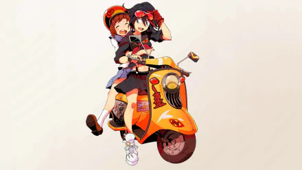 HD anime desktop wallpaper featuring Mako Mankanshoku and Ryūko Matoi from Kill La Kill riding a bright orange scooter together.