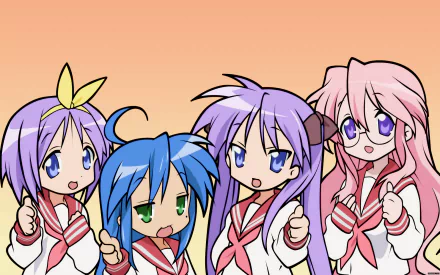 HD anime desktop wallpaper featuring Miyuki Takara, Konata Izumi, Tsukasa Hiiragi, and Kagami Hiiragi from Lucky Star, all in school uniforms with expressive poses.