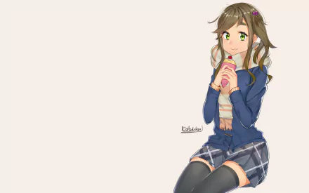 scarf thigh highs long hair eating food green eyes brown hair smile skirt Aoi Inuyama Anime Laid-Back Camp HD Desktop Wallpaper | Background Image
