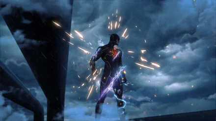 HD PC desktop wallpaper featuring The Flash from DC Comics, depicted in a dark suit with lightning effects against a stormy, dramatic sky background.