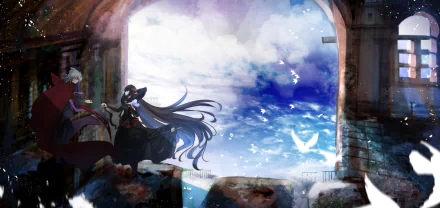 Anime couple from Fate/Apocrypha stand by an ancient stone archway, gazing at a bright sky where a glowing bird soars. HD PC desktop wallpaper background.