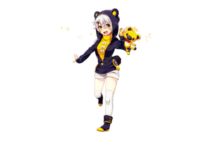 Anime original: white-haired, yellow-eyed girl in a black bear‑ear hoodie holding a yellow teddy bear — 2K Quad HD PC desktop wallpaper background.