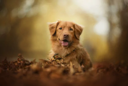 A Nova Scotia Duck Tolling Retriever lies in autumn leaves with a blurred background, showcasing depth of field in this HD desktop wallpaper image.