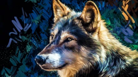 HD desktop wallpaper featuring a detailed drawing of a wolf, set against a colorful, abstract background.