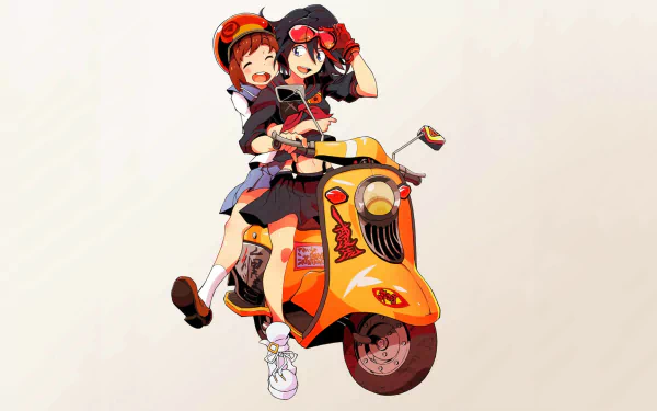 HD anime desktop wallpaper featuring Mako Mankanshoku and Ryūko Matoi from Kill La Kill riding a bright orange scooter together.