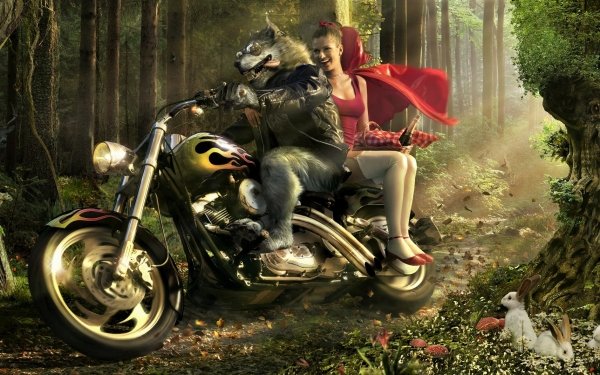 Fantasy Red Riding Hood Motorcycle Forest Wolf Rabbit HD Wallpaper | Background Image