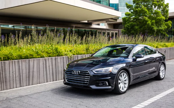 Black Audi A5 coupe parked by a modern building, sleek vehicle amid urban greenery — 4K Ultra HD PC desktop wallpaper and background.