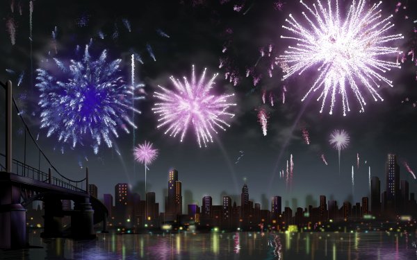 Artistic Fireworks City Building Purple HD Wallpaper | Background Image
