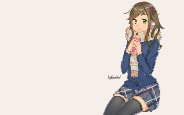 Anime Laid-Back Camp Aoi Inuyama Skirt Smile Brown Hair Green Eyes Food Eating Long Hair Thigh Highs Scarf HD Wallpaper | Background Image