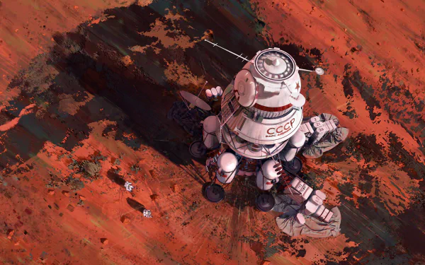 HD desktop wallpaper featuring a Sci-Fi scene with a space shuttle and astronauts on a red, Martian-like surface.