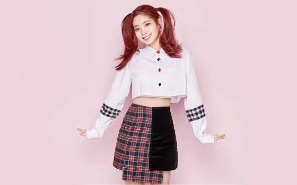 HD wallpaper of Dahyun from K-pop group Twice, smiling with red hair in ponytails, wearing a white cropped shirt and a black-and-red plaid skirt against a pink background.