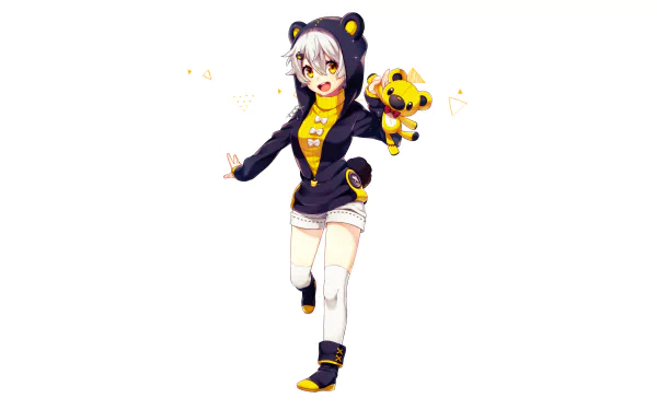 Anime original: white-haired, yellow-eyed girl in a black bear‑ear hoodie holding a yellow teddy bear — 2K Quad HD PC desktop wallpaper background.