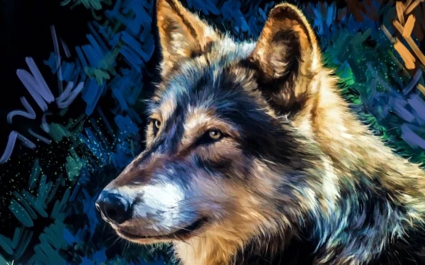 HD desktop wallpaper featuring a detailed drawing of a wolf, set against a colorful, abstract background.