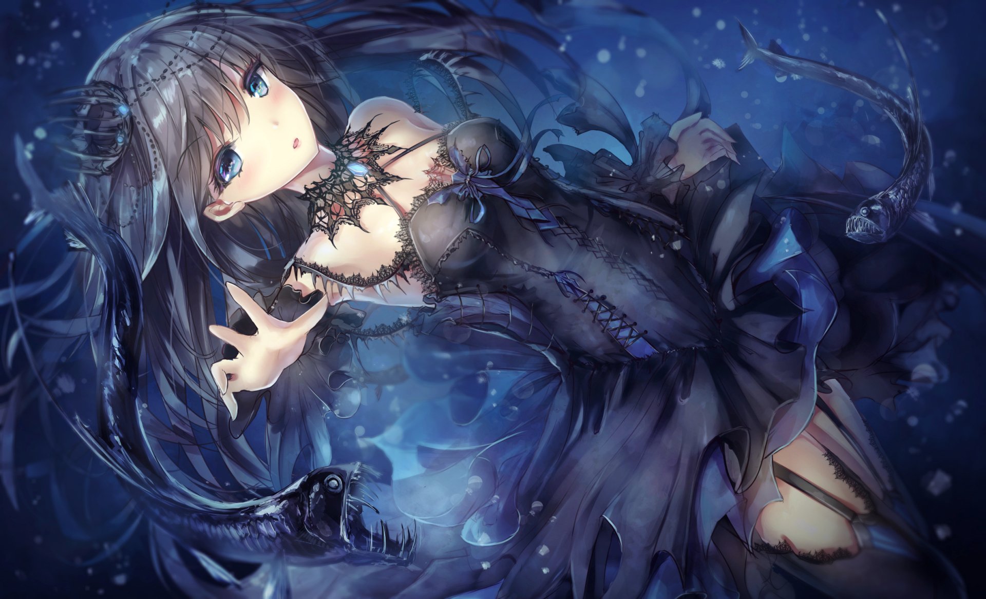 Enchanting Blue-Eyed Anime Beauty in Elegant Dress and Thigh Highs  HD  Wallpaper by MISSILE228 | 2380x1447 | Wallpaper Abyss